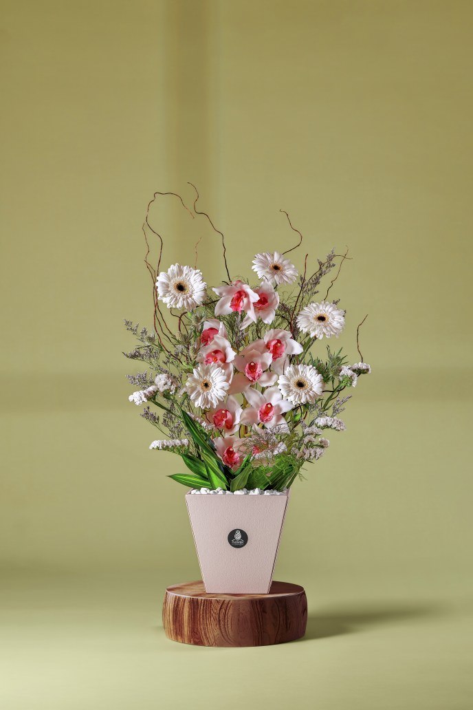 Blush Gerbera & Pink Orchid Leather Box — Studio Series arrangement by Flower Corner, Sharjah