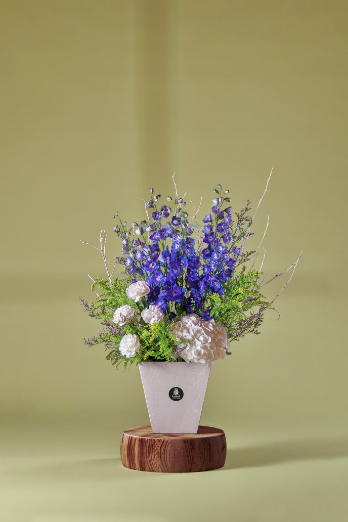 Blue Delphinium & White Hydrangea Arrangement — Studio Series arrangement by Flower Corner, Sharjah