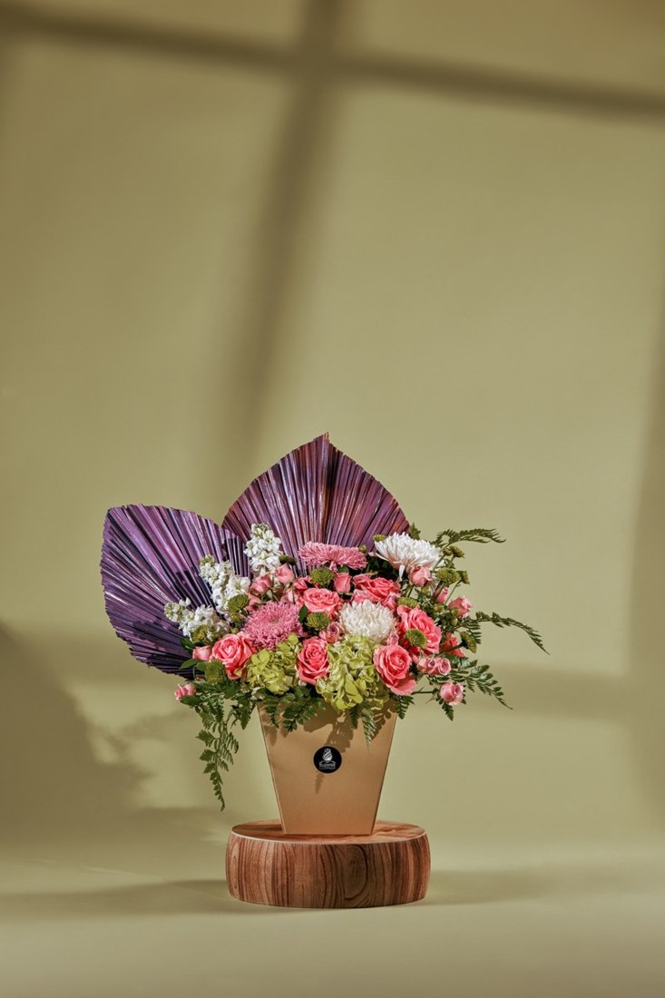 Pink Rose & Purple Palm Leather Box — Studio Series arrangement by Flower Corner, Sharjah