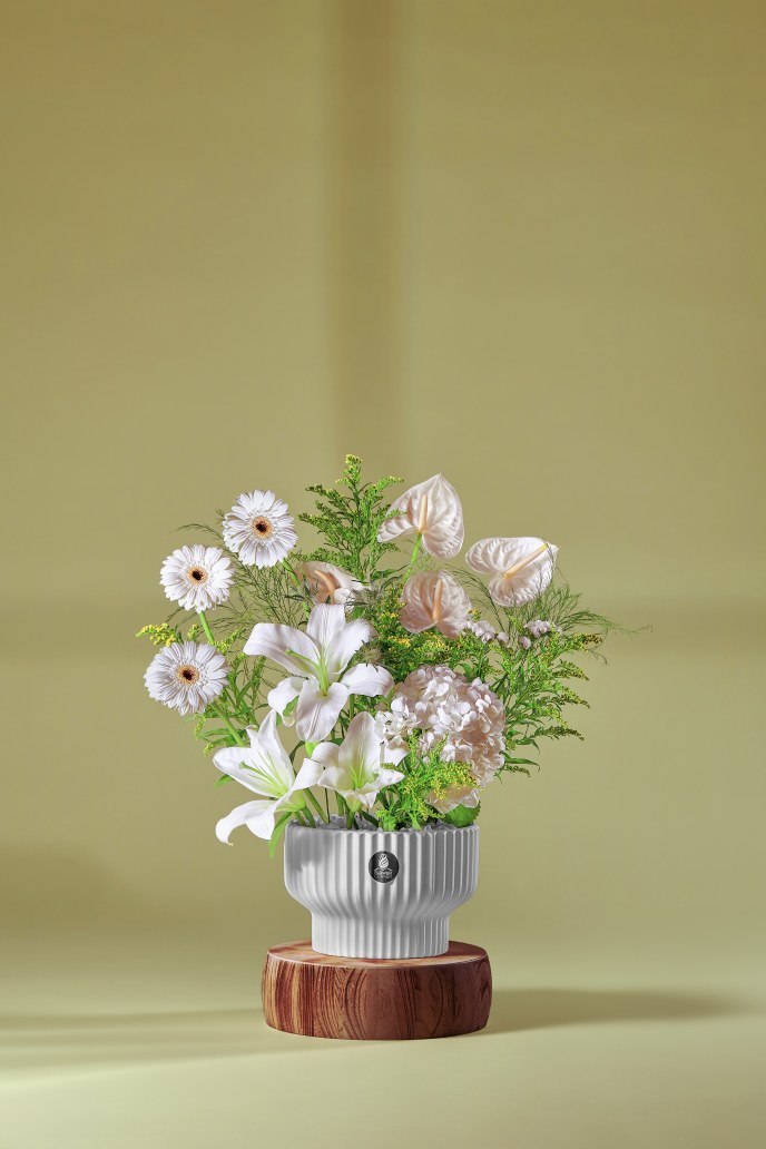 White Anthurium & Lily Fluted Vase — Studio Series arrangement by Flower Corner, Sharjah
