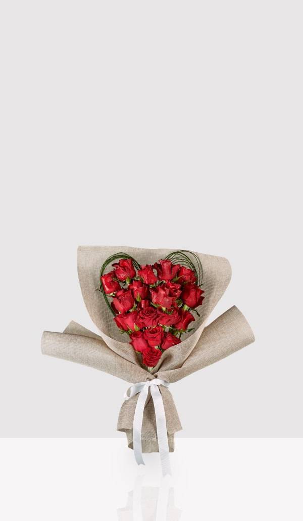 Red Rose Heart Bouquet in Rustic Burlap