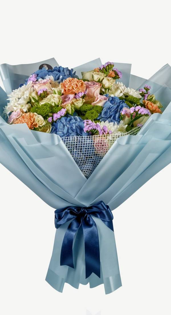 Blue Hydrangea & Peach Rose Bouquet