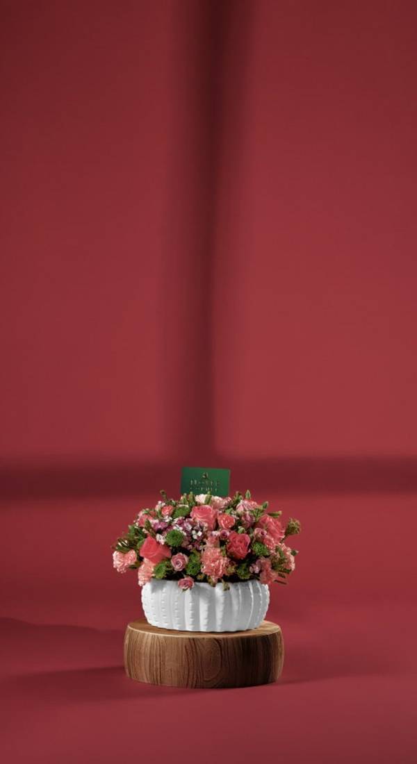 Coral and Pink Rose & Carnation Ceramic Bowl Arrangement