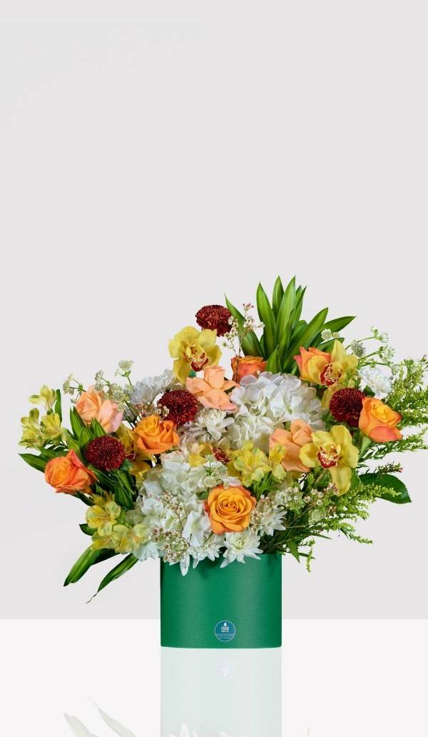Citrus Garden Orchid Box - Yellow Cymbidium, Orange Roses & White Hydrangea