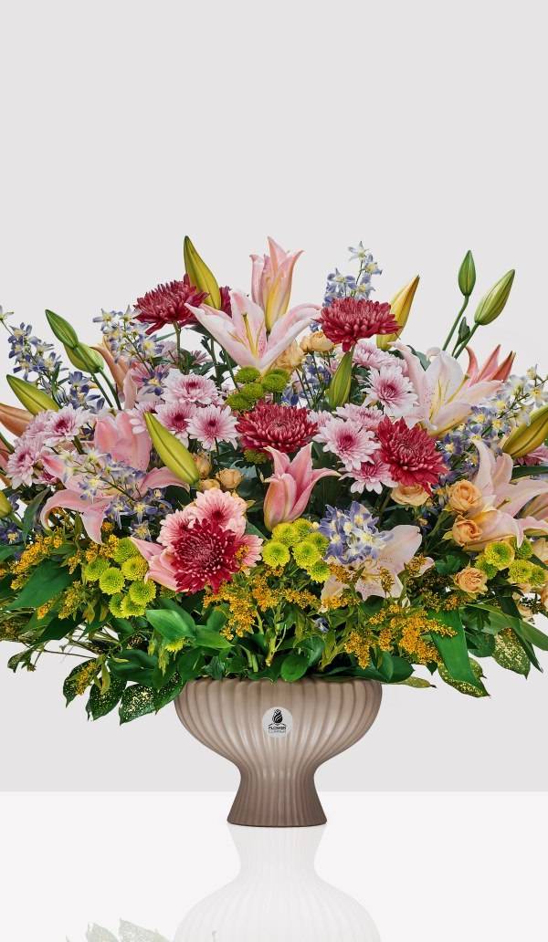 Pink Lily & Burgundy Mum Pedestal Arrangement