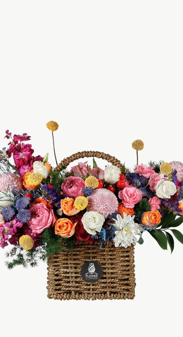 Vivid Garden Basket of Roses & Craspedia