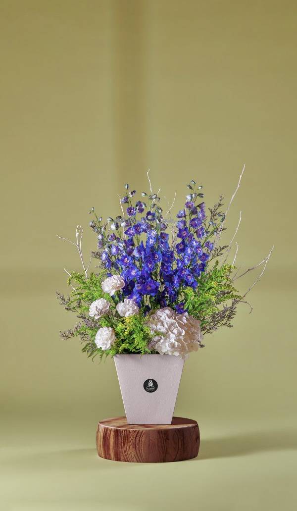 Blue Delphinium & White Hydrangea Arrangement