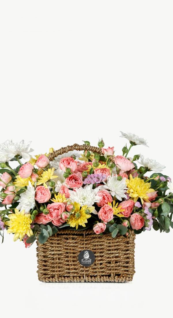Pink Rose & Yellow Chrysanthemum Garden Basket