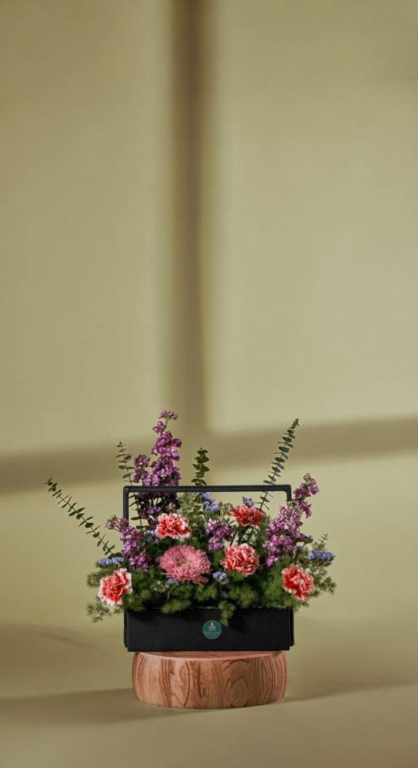 Coral Carnation & Purple Stock Garden Basket