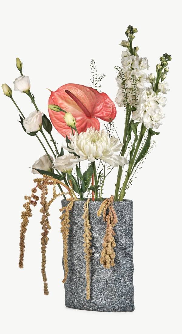Coral Anthurium & White Stock Stone Vase
