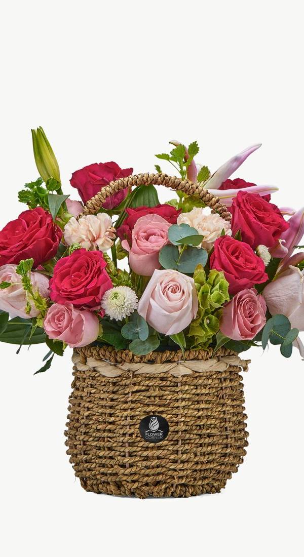 Pink & Cerise Rose and Lily Basket