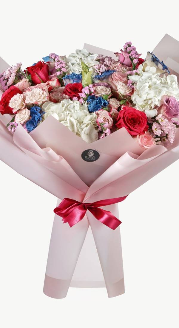 Pink & Blue Rose and Hydrangea Bouquet