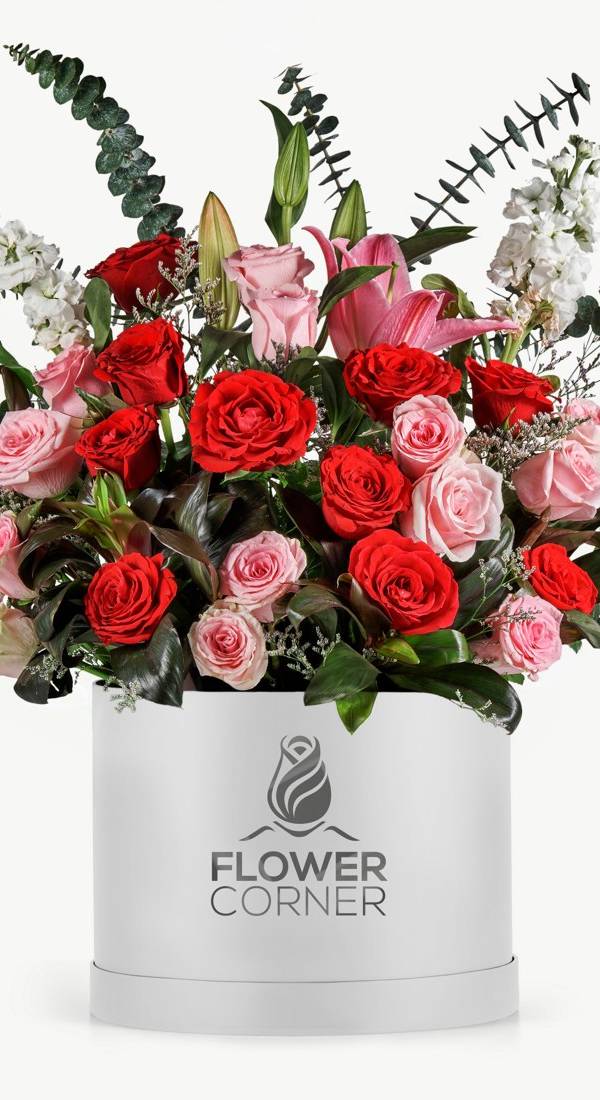 Red & Pink Rose Romance Box with Lilies
