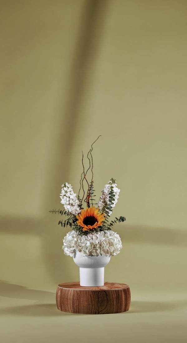 Sunflower & White Hydrangea Vase
