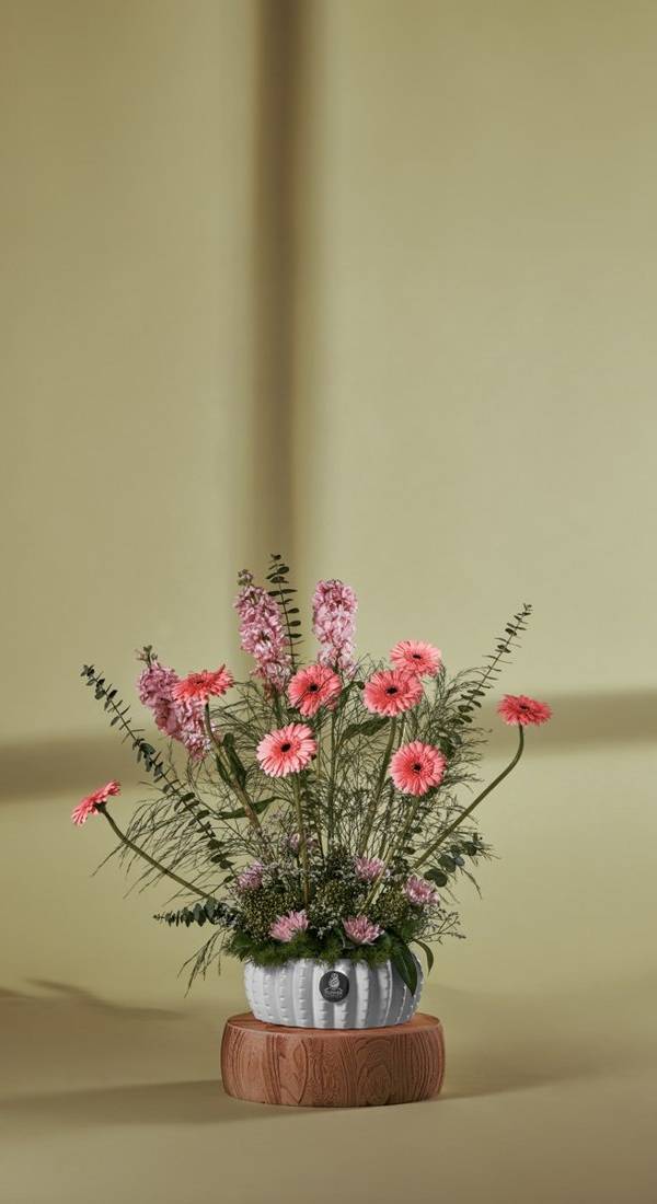 Coral Gerbera & Pink Stock Garden Vase