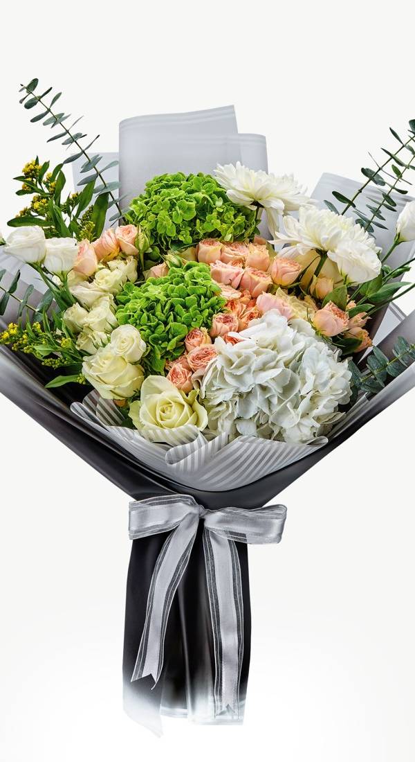 Green Hydrangea & Peach Rose Bouquet