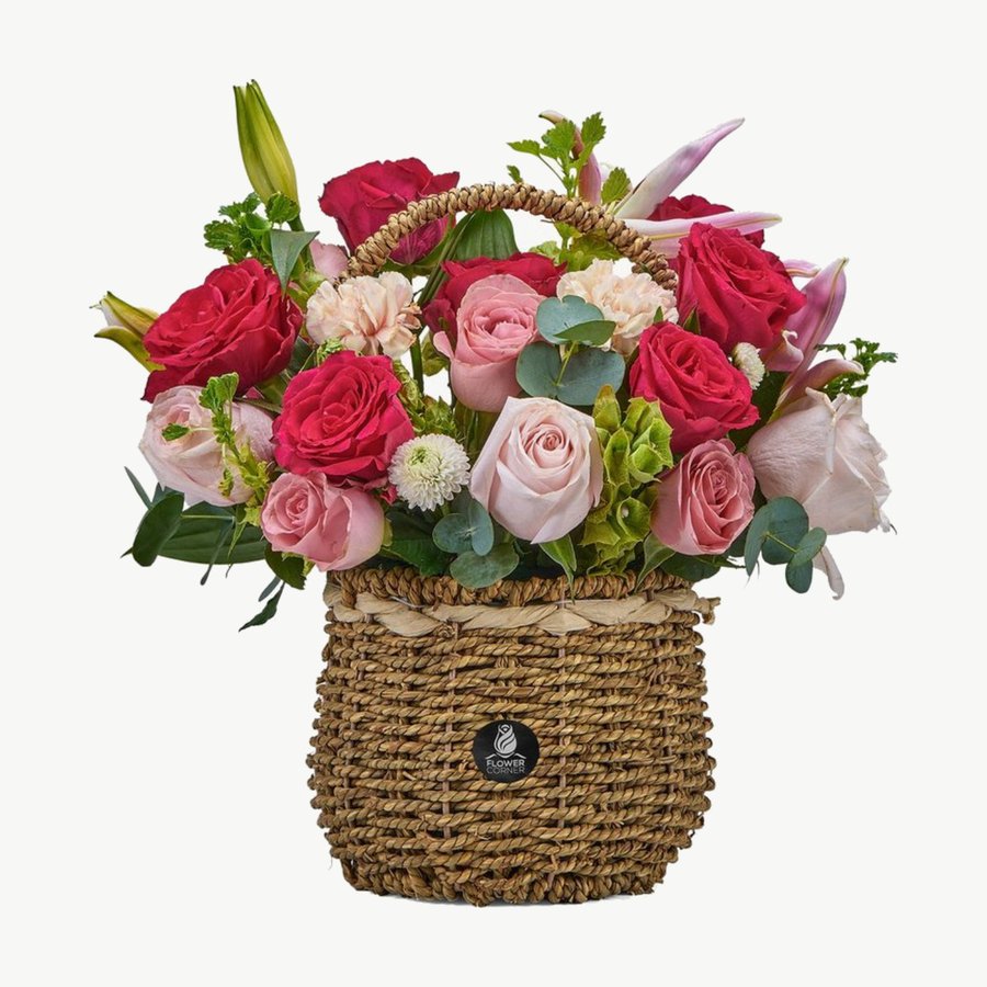 Pink & Cerise Rose and Lily Basket
