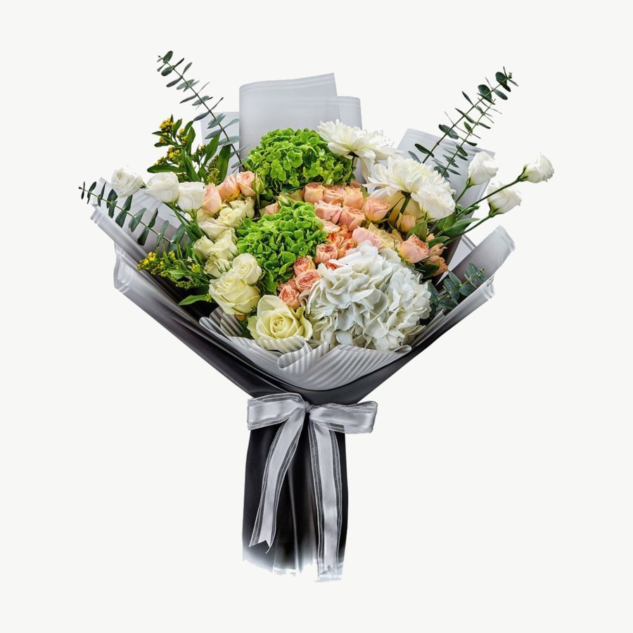 Green Hydrangea & Peach Rose Bouquet